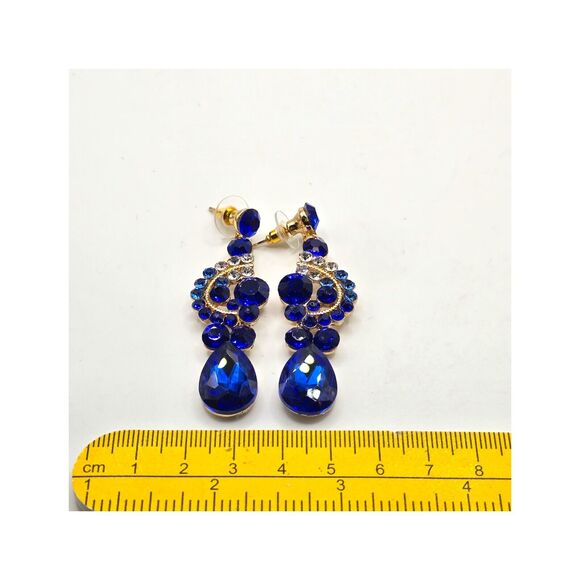 Pierced Earrings Royal Blue Dangle Clear Rhinestones Elegant Gift SKU2154 - Picture 3 of 5